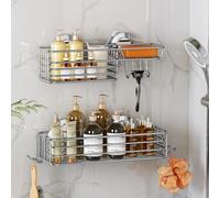 LEVERLOC Lot de 2 étagères de douche à ventouse pour douche intérieure avec crochets et porte-savon, organiseur de douche sans perçage, antirouille - Argenté