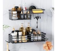 LEVERLOC Panier de Douche à Ventouse, Panier à Ventouse avec Crochets et Porte-Savon pour Salle de Bains, Rangement de Douche sans Perçage