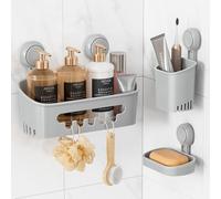 LEVERLOC Support Douche Ventouse et Porte Savon et Porte Savon à dents Lot Pas de Perçage Support Salle Ventouse en Amovible Panier de Douche Aspiration Étanche Organisateur de Rangement, Grise