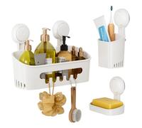 LEVERLOC Support Douche Ventouse et Porte Savon et Porte Savon à dents Lot Pas de Perçage Support Salle de bain Ventouse en Amovible Panier de Douche Aspiration Étanche Organisateur de Rangement