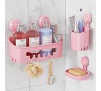 LEVERLOC Support Douche Ventouse et Porte Savon et Porte Savon à dents Lot Pas de Perçage Support Salle Ventouse en Amovible Panier de Douche Aspiration Étanche Organisateur de Rangement, Rose