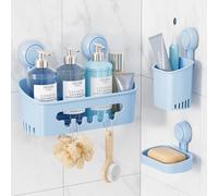 LEVERLOC Support Douche Ventouse et Porte Savon et Porte Savon à dents Lot Pas de Perçage Support Salle Ventouse en Amovible Panier de Douche Aspiration Étanche Organisateur de Rangement, Bleue