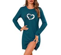 Leversic Chemise de Nuit Femme Manches Longues Coton Robe de Nuit Femme Peignoir de Bain Doux et Confortable Bleu- Cœur d'amour L