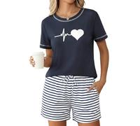 Leversic Pyjama Court Femme Ete Vêtement de Nuit Coton Ensemble de Pyjama Haut à Manches Courtes Imprimé Cœur et Short Rayé 1497-Blu XL