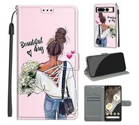LeviDo Coque Compatible pour Google Pixel 7 Pro Étui Silicone PU Cuir Magnetique Clapet a Rabat Support Motif Drôle avec Cordon Portefeuille Kickstand Bumper Housse Cover, Fille