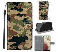 LeviDo Coque Compatible pour Samsung Galaxy A12 Étui Silicone PU Cuir Magnetique Clapet a Rabat Support Motif Drôle Portefeuille Kickstand Bumper Housse Cover, Camouflage