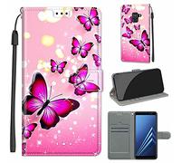 LeviDo Coque Compatible pour Samsung Galaxy A8 2018 Étui Silicone PU Cuir Magnetique Clapet Rabat Support avec Cordon Motif Drôle Portefeuille Kickstand Bumper Housse Cover, Papillon