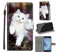 LeviDo Coque Compatible pour Samsung Galaxy J5 2017 Étui Silicone PU Cuir Magnetique Clapet a Rabat Support Motif Drôle Portefeuille Kickstand Bumper Housse Cover, Chat Blanc