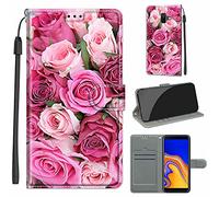 LeviDo Coque Compatible pour Samsung Galaxy J6+/J6 Plus 2018 Étui Silicone PU Cuir Magnetique Clapet Rabat Support avec Cordon Motif Drôle Portefeuille Kickstand Bumper Housse Cover, Rose Rose