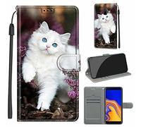 LeviDo Coque Compatible pour Samsung Galaxy J6+/J6 Plus 2018 Étui Silicone PU Cuir Magnetique Clapet Rabat Support avec Cordon Motif Drôle Portefeuille Kickstand Bumper Housse Cover, Chat Blanc