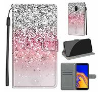 LeviDo Coque Compatible pour Samsung Galaxy J6+/J6 Plus 2018 Étui Silicone PU Cuir Magnetique Clapet Rabat Support avec Cordon Motif Drôle Portefeuille Kickstand Bumper Housse Cover, Rose argenté