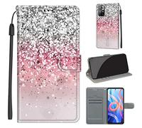 LeviDo Coque Compatible pour Xiaomi Redmi Note 11 (6.43")/Redmi Note 11S (6.43") Étui Silicone Cuir Magnetique Clapet a Rabat Support Motif avec Cordon Portefeuille Bumper Housse Cover, Rose argenté