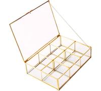Levilan Boîte de rangement vintage dorée en verre transparent et laiton pour ranger bijoux et cosmétiques, rouge à lèvres, présentoir de beauté, 6 compartiments