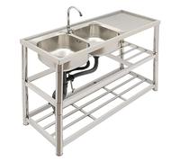 Levkitch Évier en acier inoxydable avec support - Lavabo autoportant avec robinet - Banc de travail avec 2 bacs et 2 étages - Étagère de rangement pour l'extérieur et le camping