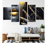 Lèvres sexy Toile sur toile 5 pièces Décoration murale, noir or femmes lèvres peinture sur toile, impression moderne HD sur toile, peinture à l'huile décor poster sans cadre. (Lèvres dorées, M)