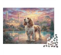Lévrier Afghan Papier résistant Cocker Spaniel Devant Une mosquée ornée au Lever du Soleil Puzzle Anti-Stress Décoration d’intérieur 38x26cm/1000 pièces