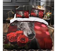 Lévrier avec des roses 3D Imprimé Housse de couette Microfibre hypoallergénique Portrait de chien de la Saint-Valentin Drap de couette 2 taies anti-tache pour famille invités Super king（260x220cm）