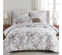 Levtex Home - Parure de lit Pisa - Housse de Couette King Size + 2 taies d'oreiller King - Motif Floral Contemporain Paon - Gris et Taupe - Housse de Couette (269,2 x 238,8 cm) et taie d'oreiller