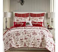 Levtex Home - Parure de lit Yuletide - Couette pour lit Double/Grand lit (223,5 x 233,7 cm) + Deux taies d'oreiller Standard (66 x 50,8 cm) - Script des Vacances de Noël - Rouge et crème - Réversible