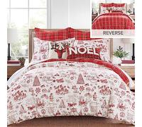 Levtex Home - Parure de lit Yuletide - Housse de couette pour lit double/grand lit de 228,6 x 238,6 cm et deux taies d'oreiller standard de 50,8 x 66 cm - Script de vacances de Noël - Rouge et crème -