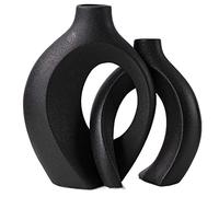 Levvohd Lot de 2 vases Creux Noirs en céramique - Motif Donut - Style bohème - Moderne - Style Nordique Minimaliste - pour décoration de Table d'intérieur Moderne et Tendance - 16 x 20,3 cm (l x H)