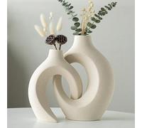 Levvohd Lot de 2 vases ronds creux en céramique blanc cassé modernes pour décoration d'étagère de style livre minimaliste nordique bohème pour décoration tendance de maison, salon, entrée, table basse
