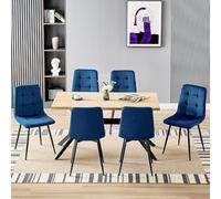LEWE Ensemble de Salle à Manger, Rectangulaire Bois Clair de 140X80X76cm avec 6 Chaises de Salle à Manger Bleu Foncé de Hollandais Velours, Pieds en Métal Noir, pour Cuisine, Salle à Manger, Salon