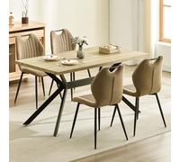 LEWE Ensemble Table Salle à Manger 140x80cm en Bois avec 4 Chaises, Marron | Chaise de Salon avec Dossier en Tissu et Poignée, Table Rectangulaire, Pieds en Métal, pour Salle à Manger, Cuisine, Salon