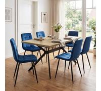 LEWE Ensemble Table Salle à Manger Bois Clair avec 6 Bleu foncé Chaises
