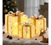 Lewondr Boîtes Cadeaux Lumineuses De Noël, 3PCS Boîtes Cadeaux Noël pour Intérieur Et Extérieur avec Télécommande, Câble USB, Nœuds, Motifs De Cloche Et Étoiles Estampés Or
