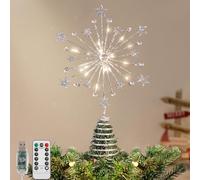 Lewondr Couronne de Noël pour Sapin, 13'' 20LED Couronne Étoile Scintillante en Métal,Étoile Lumineuse Alimentée par USB pour Décorations de Noël, Télécommande, Minuterie 6H,8 Modes d'Éclairage,Argent