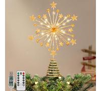 Lewondr Couronne de Noël pour Sapin, 13'' 20LED Couronne Étoile Scintillante en Métal,Étoile Lumineuse Alimentée par USB pour Décorations de Noël, Télécommande, Minuterie 6H,8 Modes d'Éclairage,Or