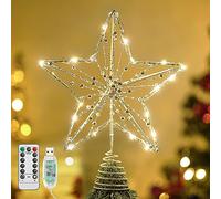 Lewondr Etoile Sapin de Noël en Fer, 12 Pouces Lampe en Forme de Pentacle avec Guirlande Lumineuse des Perles Base en Spirale, Alimentée par Pile, Decoration Noel Intérieur Salon Chambre,Large, Argent