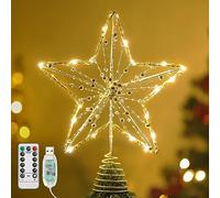 Lewondr Etoile Sapin de Noël en Fer, 12 Pouces Lampe en Forme de Pentacle avec Guirlande Lumineuse, Décoration Noël Alimentée par USB avec Télécommande et Fonction de Minuterie pour Chambre,Large, Or