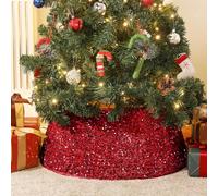 Lewondr Jupe de Sapin de Noël, Jupe Arbre de Noël Décorative avec Paillettes, Couvre-Pied Pliable d'arbre de Noël, Décoration de Noël Intérieur & Extérieur pour Sapin Maison Salon Jardin - Rouge