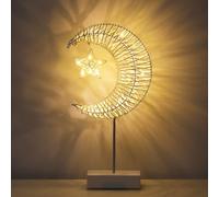 Lewondr Lampe de Table Décorative, Lampe LED de Lune Ramadan Alimenté par Pile, Lumière de Bureau en Forme de Croissant avec Pendentif d'Étoile, Éclairage de Nuit avec Lumière Chaude pour Noël, Blanc