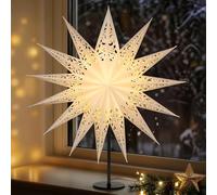 Lewondr Lampe Table Étoile De Noël En Papier 3D, 17,72" Étoile De Noël À 14 Pointes Ajourée Illuminée Avec Ampoule LED E14, Décoration Lumineuse Table Pour Fêtes Avec Base En Fer