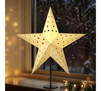 Lewondr Lampe Table Étoile De Noël En Papier 3D, 17,72" Étoile De Noël À 5 Pointes Ajourée Illuminée Avec Ampoule LED E14, Décoration Lumineuse Table Pour Fêtes Avec Base En Fer