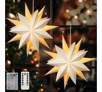 Lewondr Lanterne de Noël Étoilée en Papier, 2PCS Lanterne d'Étoilée Suspendue avec Télécommande, Trois Couches Lampe en Papier à Étoile à Sept Branches, Lumière de Noël pour la Décoration la Maison
