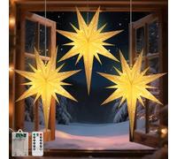 Lewondr Lanterne Étoile De Noël En Papier 3PCS, Étoile Bethléem Suspendue Avec Télécommande, Lanternes En Papier LED Avec Minuterie 6H Pour Décoration De Noël Maison, 21,65×21,65×1,97",Lumière Chaude