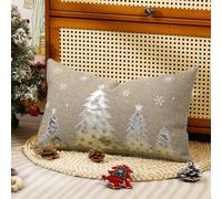 Lewondr Taie d'oreiller de Noël, 1PCS 30x50CM Housse d'oreiller Décorative avec Broderie de Arbre de Noël Argenté, Housse de Coussin en Faux Lin de Style Punk pour Maison Salon Chambre Canapé
