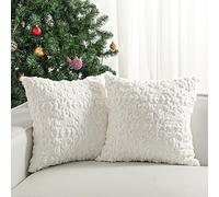 Lewondr Taies d'oreiller de Noël, 3D Flocon de Neige, Blanc, 45x45cm, 2PCS | Fausse Fourrure Super Douce, Velours au Dos, Housse d'Oreiller Carrée, Décorative pour Maison Canapé Salon Lit