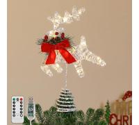 Lewondr Topper pour Sapin De Noël, 11'' 30LED Étoile De Noël Métallique avec Renne, Feuilles Pin Et Nœud,Minuterie 6H, 8 Modes D'Éclairage,USB&Télécommande Topper Cerf pour Décoration, Blanc