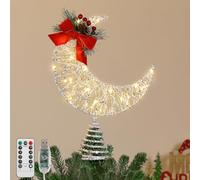 Lewondr Topper pour Sapin De Noël, 8,27'' 30LED Lune De Noël Métallique avec Feuilles Pin Et Nœud, Minuterie 6H, 8 Modes D'Éclairage, USB & Télécommande Topper Lune pour Décoration, Blanc