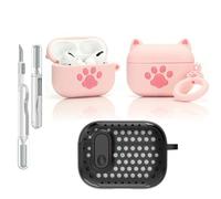 LEWOTE Coque de protection 3 en 1 compatible avec Apple Airpods Pro (2e/1ère génération) avec kit de nettoyage et porte-clés (patte de chat rose)