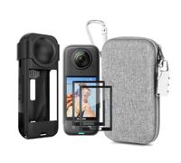 LEWOTE Kit d'accessoires 7 en 1 compatible avec Insta360 X5 [étui en silicone pour appareil photo et capuchon d'objectif] [2 films de protection d'écran 3D] [étui de transport avec mousqueton à