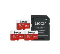 Lexar E-Series Lot de 3 cartes mémoire micro SD 64 Go, microSDXC UHS-I avec adaptateur, 100 Mo/s, C10, U3, A1, V30, Full HD, 4K UHD, carte TF haute vitesse