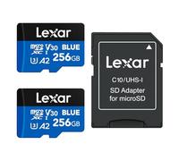 Lexar Lot de 2 cartes micro SD bleues de 256 Go jusqu'à 160 Mo/s, cartes mémoire microSDXC UHS-I avec adaptateur SD, C10, U3, A2, V30, Full HD, 4K UHD, carte TF haute vitesse