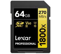 Lexar Carte mémoire SDXC 1800x Pro 64 Go – 270 Mo/s Classe 10 UHS-II U3