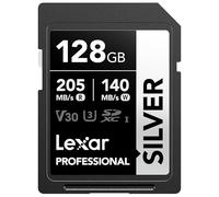 Lexar Silver Carte SD 128Go, UHS-I Carte SDXC Jusqu'à 205 Mo/s en Lecture, 140 Mo/s en écriture, V30, 4K UHD Video, U3, Classe 10, Carte Mémoire SDXC avec Lexar Lifetime Data Recovery
